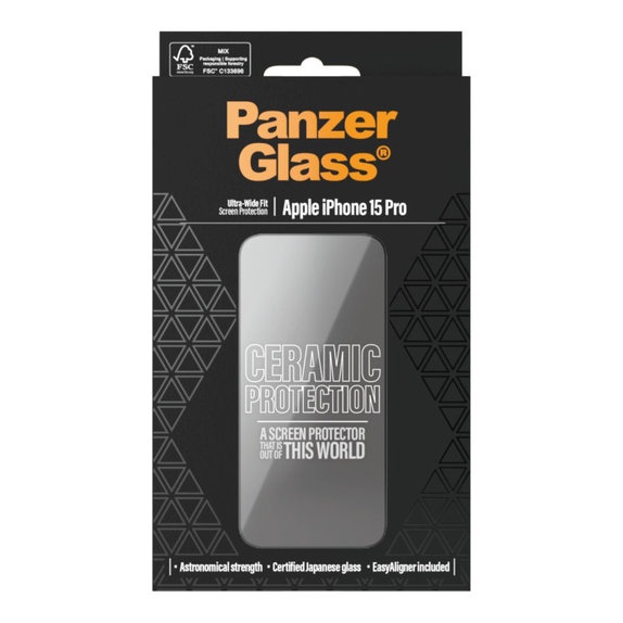 Закалено стъкло UWF Ceramic с апликатор за iPhone 15 Pro, Черно, PanzerGlass