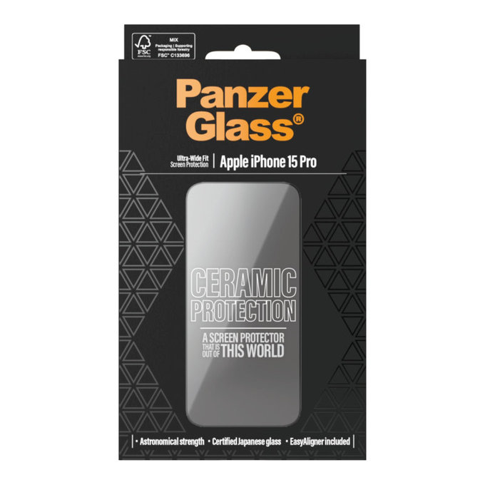 Закалено стъкло UWF Ceramic с апликатор за iPhone 15 Pro, Черно, PanzerGlass