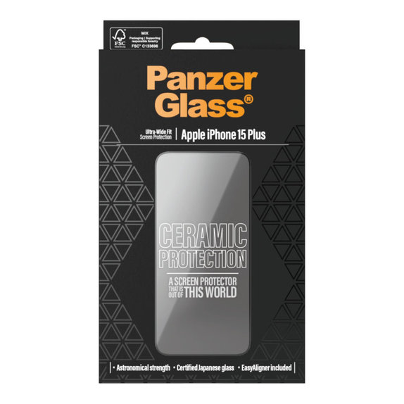 Закалено стъкло UWF Ceramic с апликатор за iPhone 15 Plus, Черно, PanzerGlass