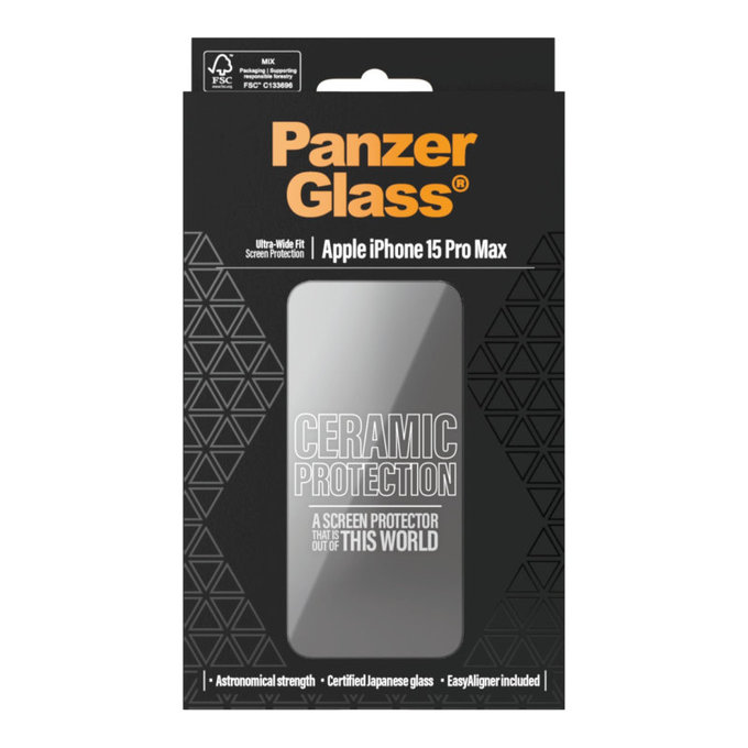 Закалено стъкло UWF Ceramic с апликатор за iPhone 15 Pro Max, Черно, PanzerGlass
