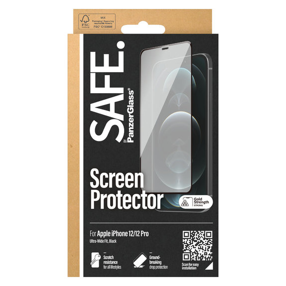 Закалено стъкло Case Friendly за iPhone 12 Pro/12, Черно, SAFE by PanzerGlass