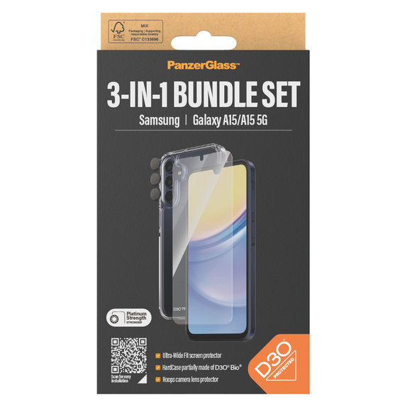 Bundle Hoops + Закалено стъкло UWF + Hard Case D3O за Samsung Galaxy A15/A15 5G, PanzerGlass
