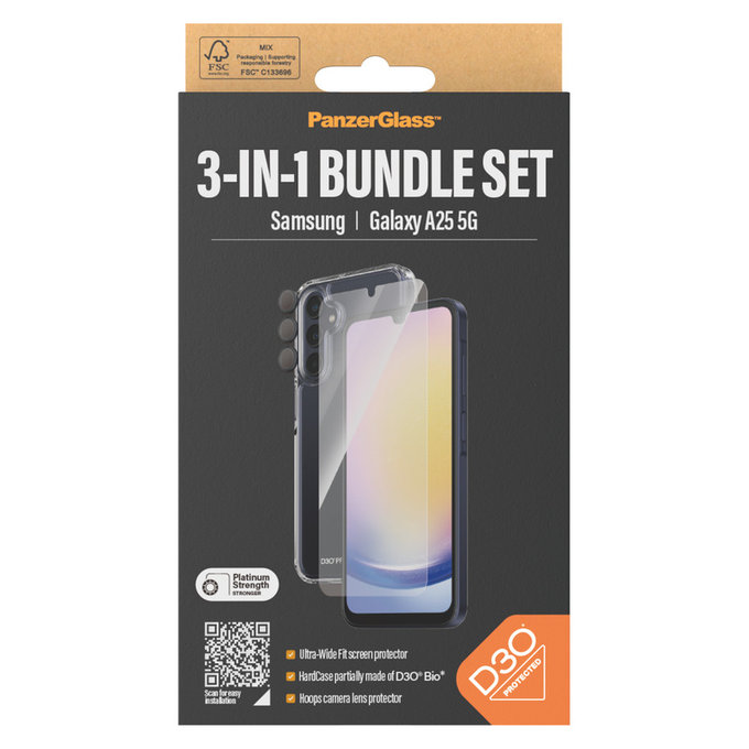 Bundle Hoops + Закалено стъкло UWF + Hard Case D3O за Samsung Galaxy A25 5G, Прозрачно, PanzerGlass