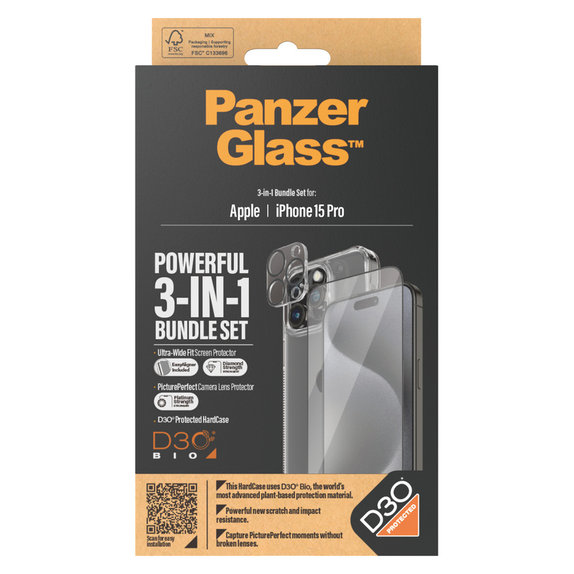 Bundle PicturePerfect + Закалено стъкло UWF + Hard Case D3O за iPhone 15 Pro, PanzerGlass