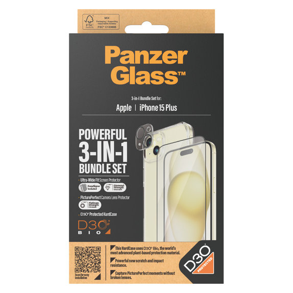 Bundle PicturePerfect + Закалено стъкло UWF + Hard Case D3O за iPhone 15 Plus, PanzerGlass