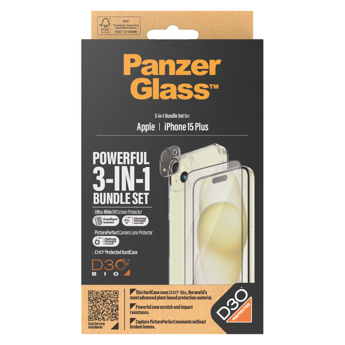 Bundle PicturePerfect + Закалено стъкло UWF + Hard Case D3O за iPhone 15 Plus, PanzerGlass