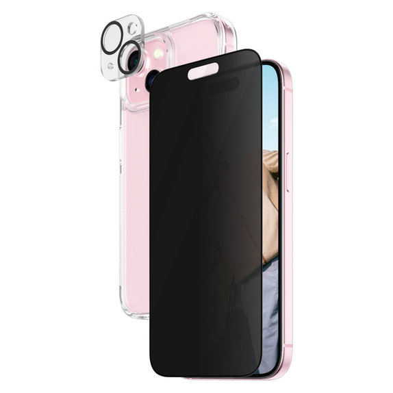 Bundle PicturePerfect + Закалено стъкло UWF Privacy + Hard Case D3O за iPhone 15, PanzerGlass