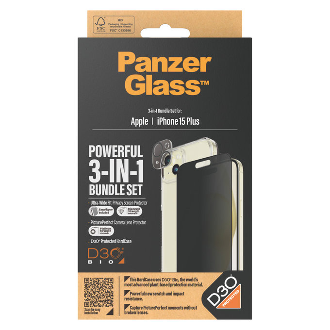 Bundle PicturePerfect + Закалено стъкло UWF Privacy + Hard Case D3O за iPhone 15 Plus, PanzerGlass