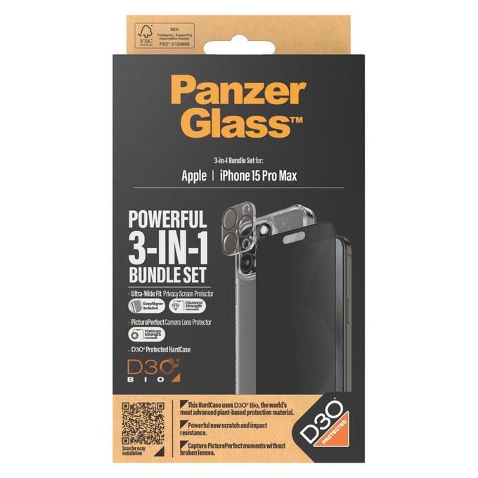 Bundle PicturePerfect + Закалено стъкло UWF Privacy + Hard Case D3O за iPhone 15 Pro Max, PanzerGlass