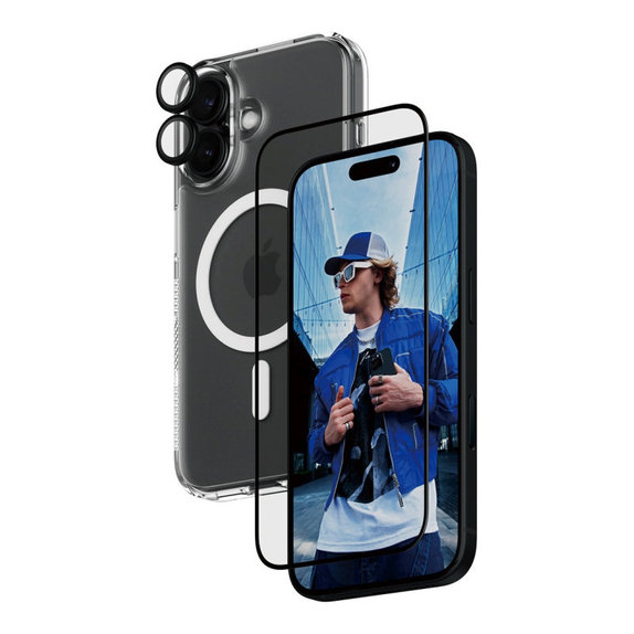 Bundle 3 в 1 Hoops + UWF закалено стъкло + Hard Case за iPhone 16, PanzerGlass