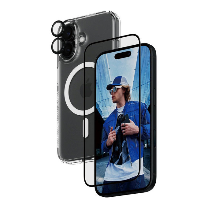 Bundle 3 в 1 Hoops + UWF закалено стъкло + Hard Case за iPhone 16, PanzerGlass