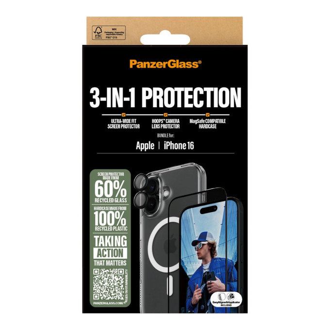 Bundle 3 в 1 Hoops + UWF закалено стъкло + Hard Case за iPhone 16, PanzerGlass