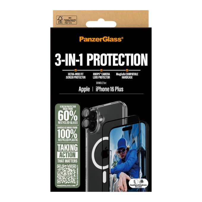 Bundle Hoops + Закалено стъкло UWF + Hard Case за iPhone 16 Plus, PanzerGlass