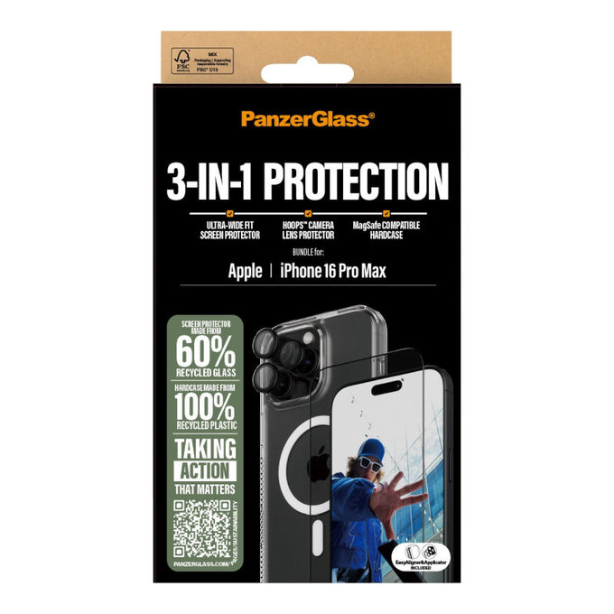 Bundle Hoops + Закалено стъкло UWF + Hard Case за iPhone 16 Pro Max, PanzerGlass