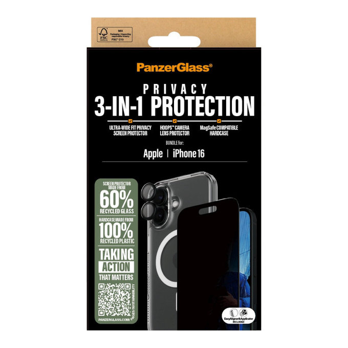 Bundle Hoops + Закалено стъкло UWF Privacy + Hard Case за iPhone 16, PanzerGlass