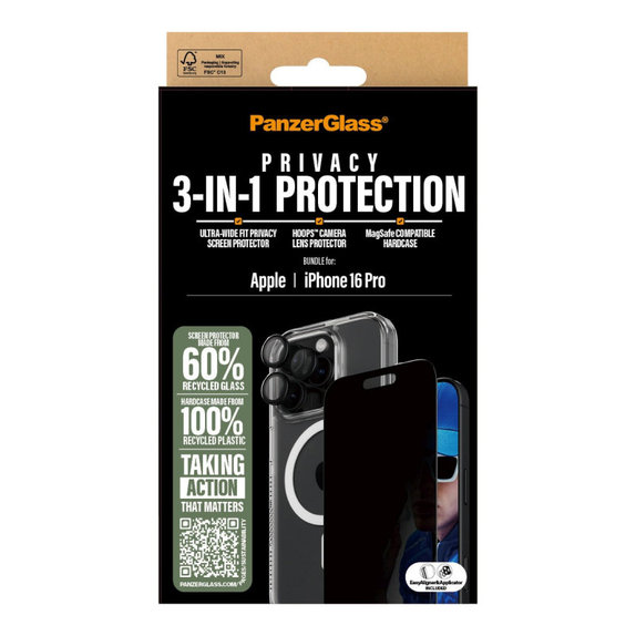 Bundle Hoops + Закалено стъкло UWF Privacy + Hard Case за iPhone 16 Pro, PanzerGlass