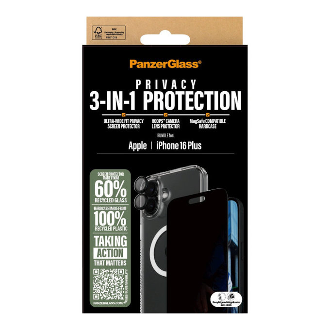 Bundle Hoops + Закалено стъкло UWF Privacy + Hard Case за iPhone 16 Plus, PanzerGlass