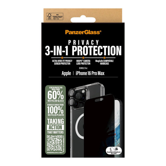 Bundle Hoops + Закалено стъкло UWF Privacy + Hard Case за iPhone 16 Pro Max, PanzerGlass