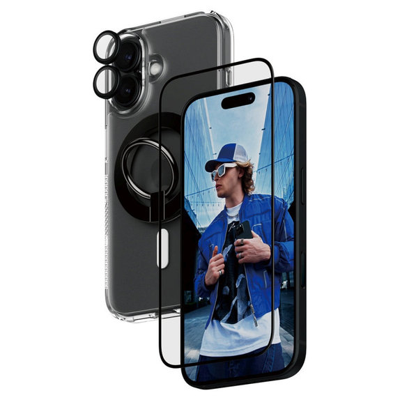 Bundle Hoops + Закалено стъкло UWF + Hard Case + Magnetic Ring Mount за iPhone 16, PanzerGlass