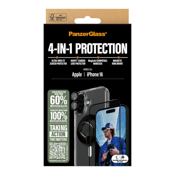 Bundle Hoops + Закалено стъкло UWF + Hard Case + Magnetic Ring Mount за iPhone 16, PanzerGlass