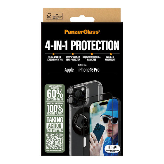 Bundle Hoops + Закалено стъкло UWF + Hard Case + Magnetic Ring Mount за iPhone 16 Pro, PanzerGlass