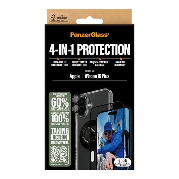Bundle Hoops + Закалено стъкло UWF + Hard Case + Magnetic Ring Mount за iPhone 16 Plus, PanzerGlass