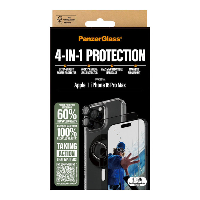 Bundle Hoops + Закалено стъкло UWF + Hard Case + Magnetic Ring Mount за iPhone 16 Pro Max, PanzerGlass