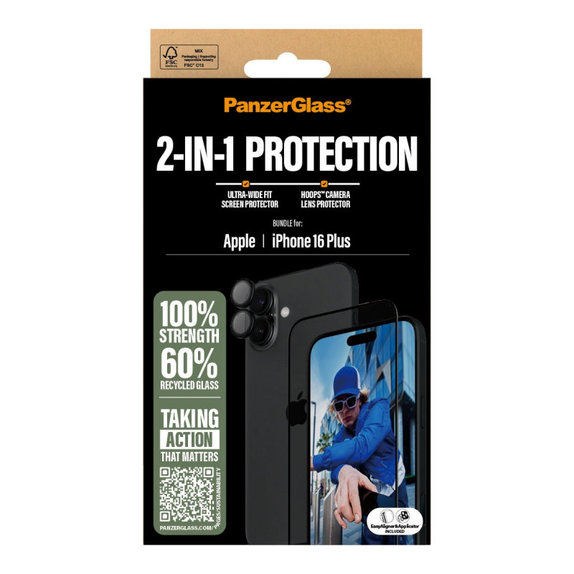 Bundle Hoops + UWF закалено стъкло за iPhone 16 Plus, PanzerGlass