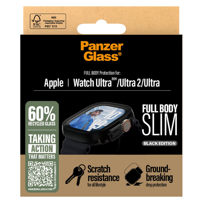 Закалено стъкло Full Body Slim за Apple Watch Ultra 2024/Ultra 2/Ultra, Черно, PanzerGlass