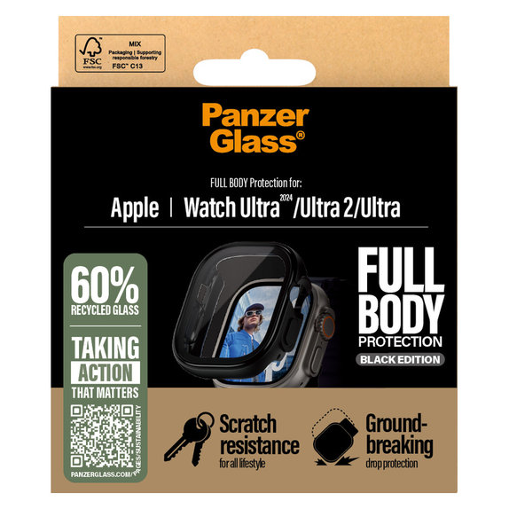Закалено стъкло Full Body за Apple Watch Ultra 2024/Ultra 2/Ultra, Черно, PanzerGlass