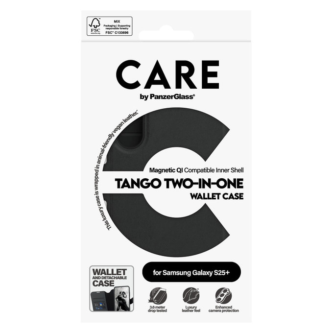 Калъф Wallet Tango Two-In-One с QI за Samsung Galaxy S25+, Черно, PanzerGlass
