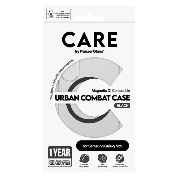 Калъф Urban Combat с черно QI за Samsung Galaxy S25, Прозрачно, PanzerGlass