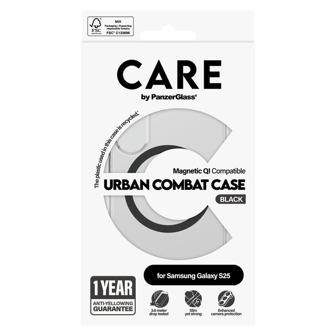 Калъф Urban Combat с черно QI за Samsung Galaxy S25, Прозрачно, PanzerGlass