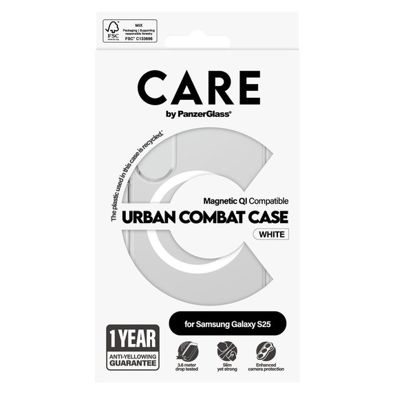 Калъф Urban Combat с бяло QI за Samsung Galaxy S25, Прозрачно, PanzerGlass