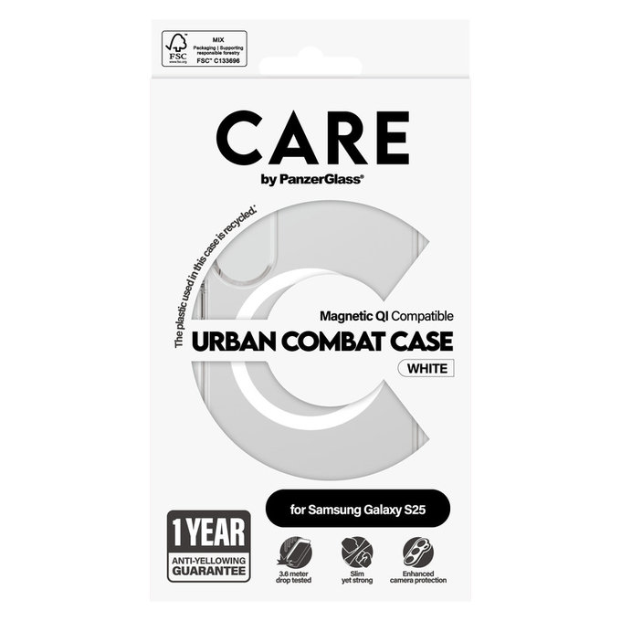 Калъф Urban Combat с бяло QI за Samsung Galaxy S25, Прозрачно, PanzerGlass