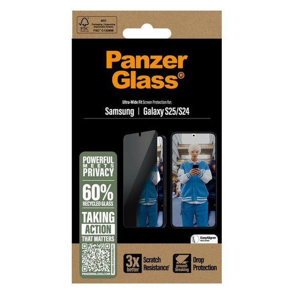 Закалено стъкло UWF Privacy с апликатор за Samsung Galaxy S25, Прозрачен, PanzerGlass