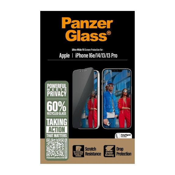 UWF Privacy закалено стъкло с апликатор за iPhone 17e/16e/14/13/13 Pro, Черно, PanzerGlass