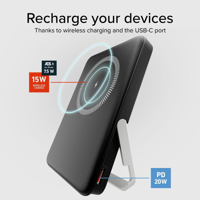 PowerBank 5000mAh, 20W, Power Delivery, Mag Stand, Черен, SBS