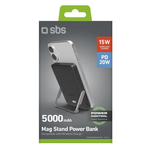 PowerBank 5000mAh, 20W, Power Delivery, Mag Stand, Черен, SBS
