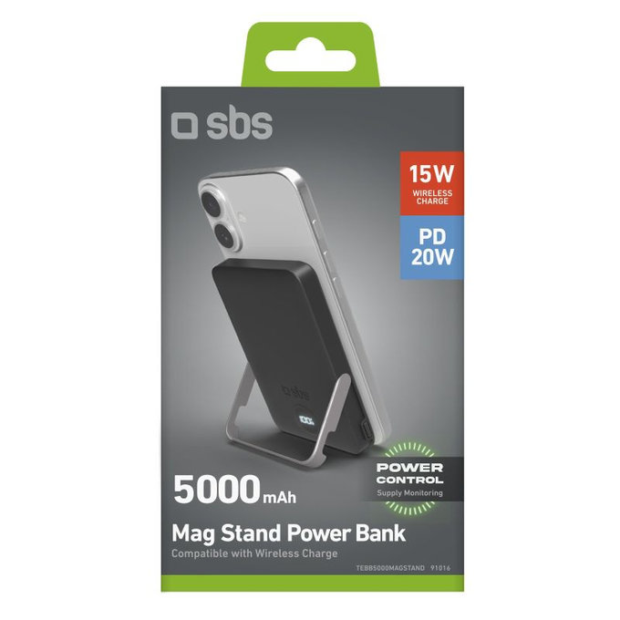 PowerBank 5000mAh, 20W, Power Delivery, Mag Stand, Черен, SBS