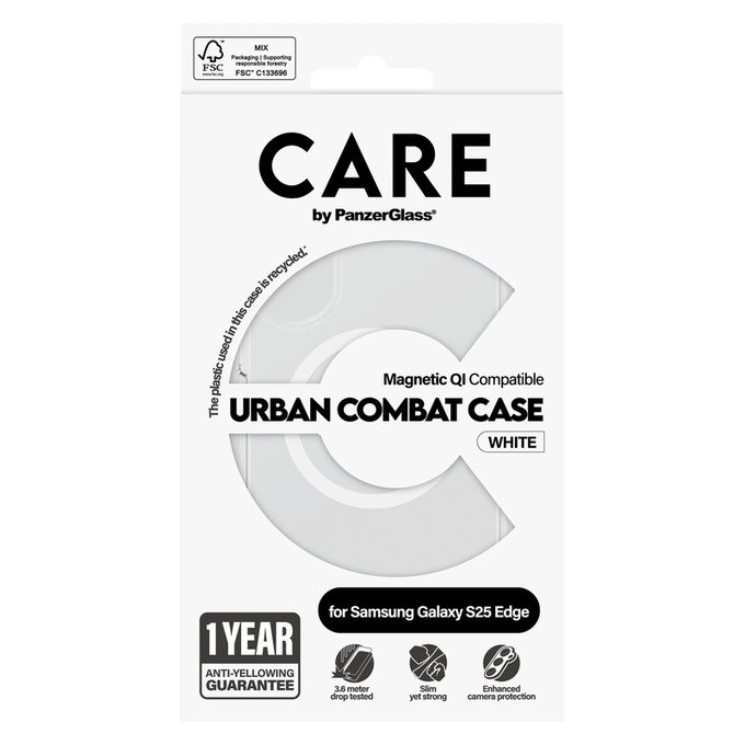 Калъф Urban Combat с бяло QI за Samsung Galaxy S25 Edge, Прозрачно, PanzerGlass