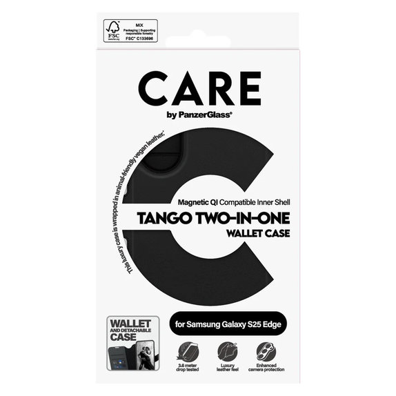 Калъф Wallet Tango Two-In-One с QI за Samsung Galaxy S25 Edge, Черно, PanzerGlass