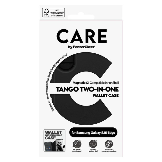 Калъф Wallet Tango Two-In-One с QI за Samsung Galaxy S25 Edge, Черно, PanzerGlass