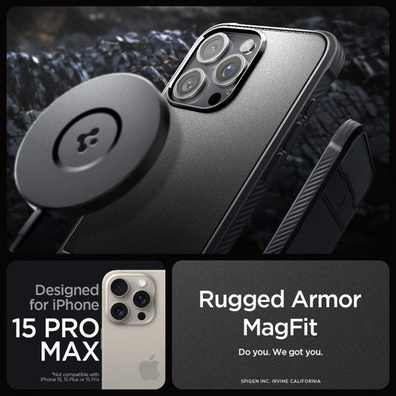 Калъф Rugged Armor с MagSafe за iPhone 15 Pro Max, Матово черен, Spigen