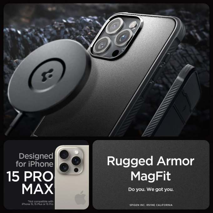 Калъф Rugged Armor с MagSafe за iPhone 15 Pro Max, Матово черен, Spigen