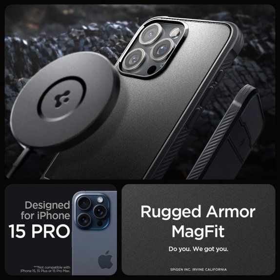 Калъф Rugged Armor с MagSafe за iPhone 15 Pro, Матово черен, Spigen