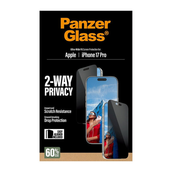 UWF 2-Way Privacy закалено стъкло с апликатор за iPhone 17 Pro, Черно, PanzerGlass
