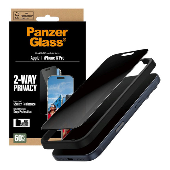 UWF 2-Way Privacy закалено стъкло с апликатор за iPhone 17 Pro, Черно, PanzerGlass
