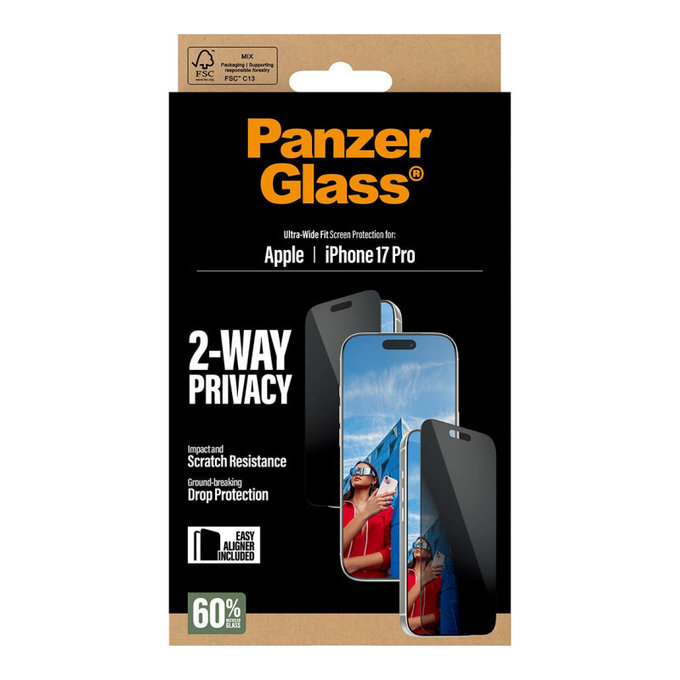 UWF 2-Way Privacy закалено стъкло с апликатор за iPhone 17 Pro, Черно, PanzerGlass