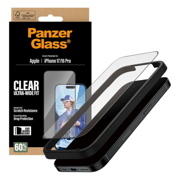 UWF закалено стъкло с апликатор за iPhone 17/16 Pro, Черно, PanzerGlass